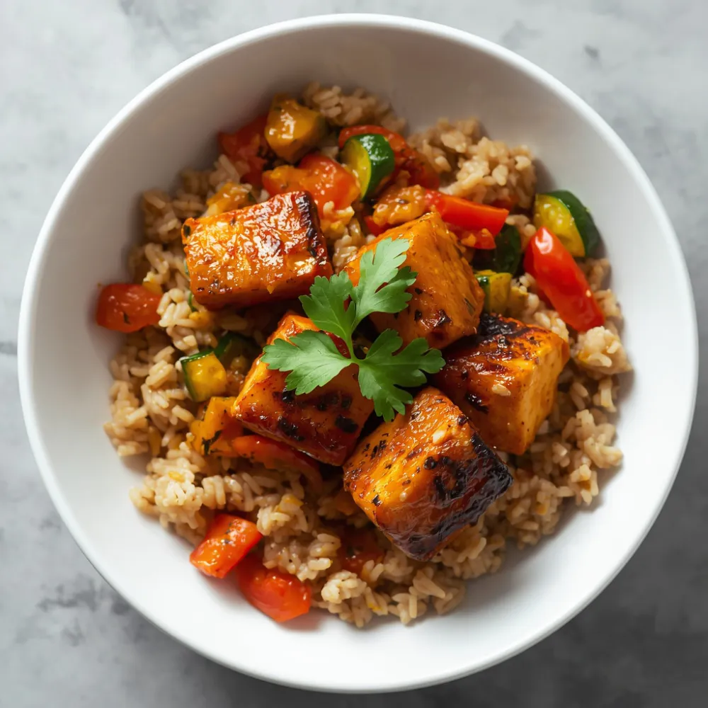 A complete TiffinGrab meal box: baked paneer tikka over brown rice with sautéed veggies